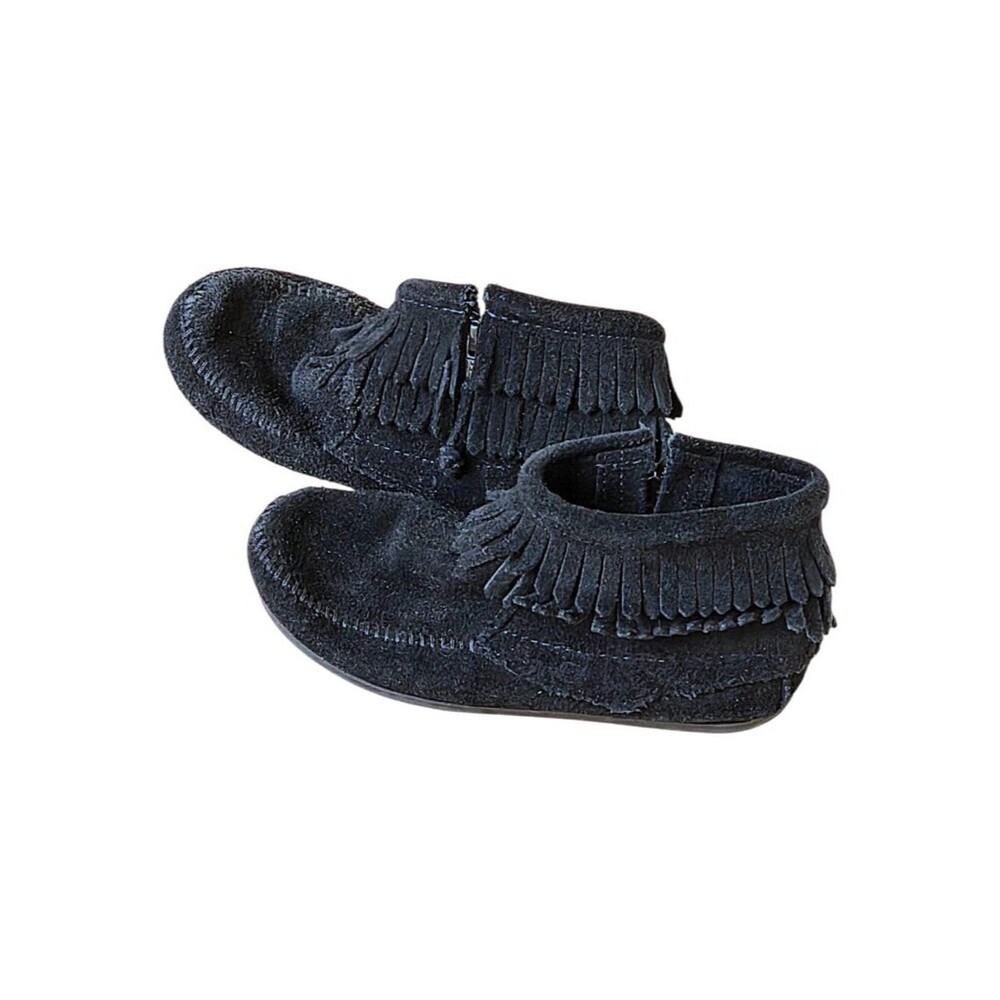 Minnetonka Moccasins Ankle Booties Black Suede Double Fringe Zip Boots Kids 2